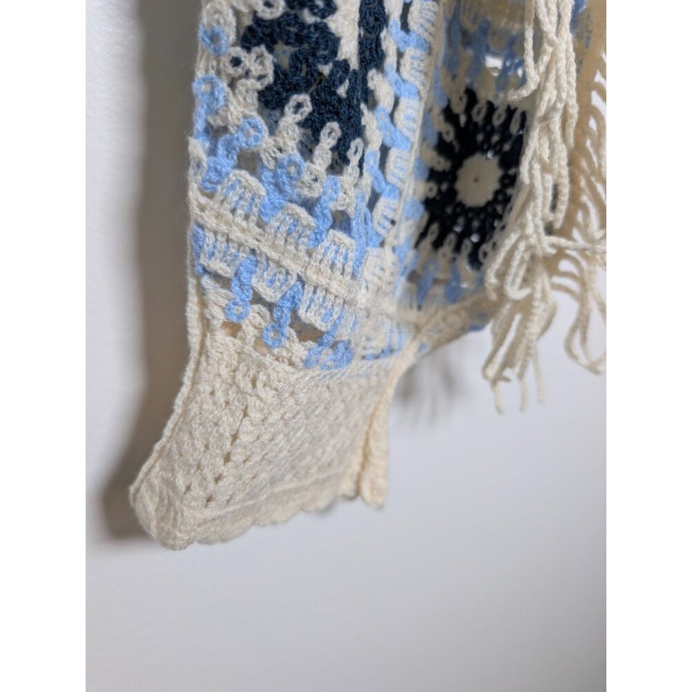 House of Harlow 1960 Boho Crochet Fringe Sweater One Size Blue Ivory Festival - Picture 6 of 8
